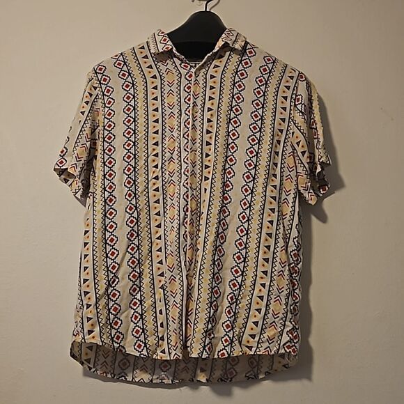 Denim & Flower Shirt Mens XLarge White Blue Yellow Southwest Short Sleeve - Picture 1 of 4